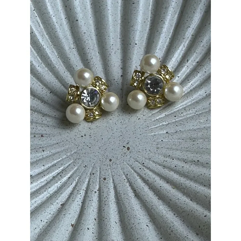 BOGO FREE PEARL GOLD CRYSTAL STUD PROM EARRINGS